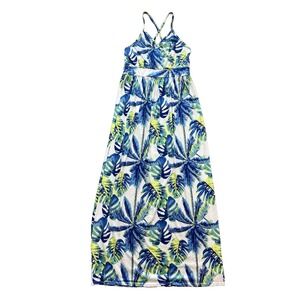 Tropical Maxi Dress Blue‎ Green Blue Tropical Pattern Palms Size Large NWOT
